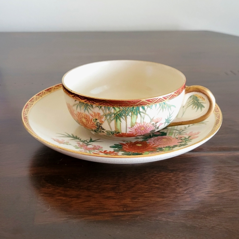 Antique Kobe Satsuma Teacup Set Chrysanthemum Bamboo by Soko China Antique Set